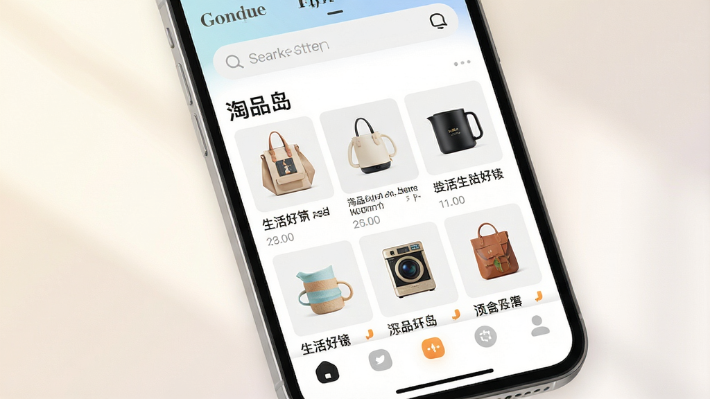 ��������Ϊ�����ֻ���Ļ��д����Ļ������ʾ����Ʒ����App�����棬���沼���������������������в���Ʒ�ٲ���չʾ�����������ײ�������ͼ��Բ�󡣱���Ϊǳɫ���䣬������͹�Ӱ������ִ���࣬�߻��ʣ��ɾ��޶���Ԫ�ء�