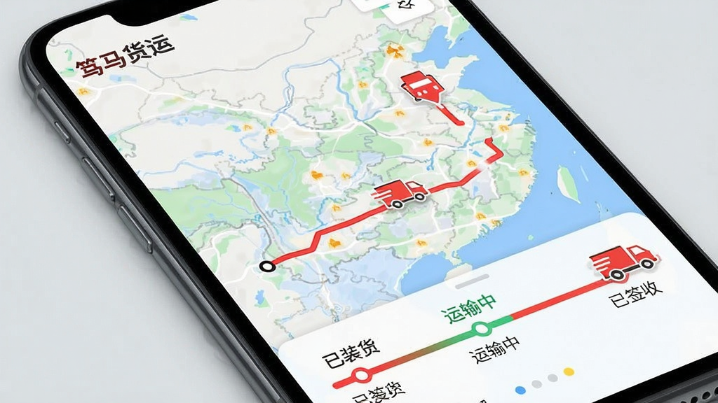 一张物流运输轨迹追踪界面的手机截图,地图上显示一条从起点到终点的红色路线,有货车图标沿着路线移动,下方有运单状态进度条,显示