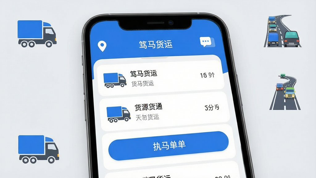一张展示手机运输软件主界面的高清截图,手机屏幕中央显示货源列表和抢单按钮,顶部有定位和消息图标,整体风格现代简洁,背景为浅灰色,突出蓝色主色调,画面干净无多余元素,屏幕上文字清晰显示