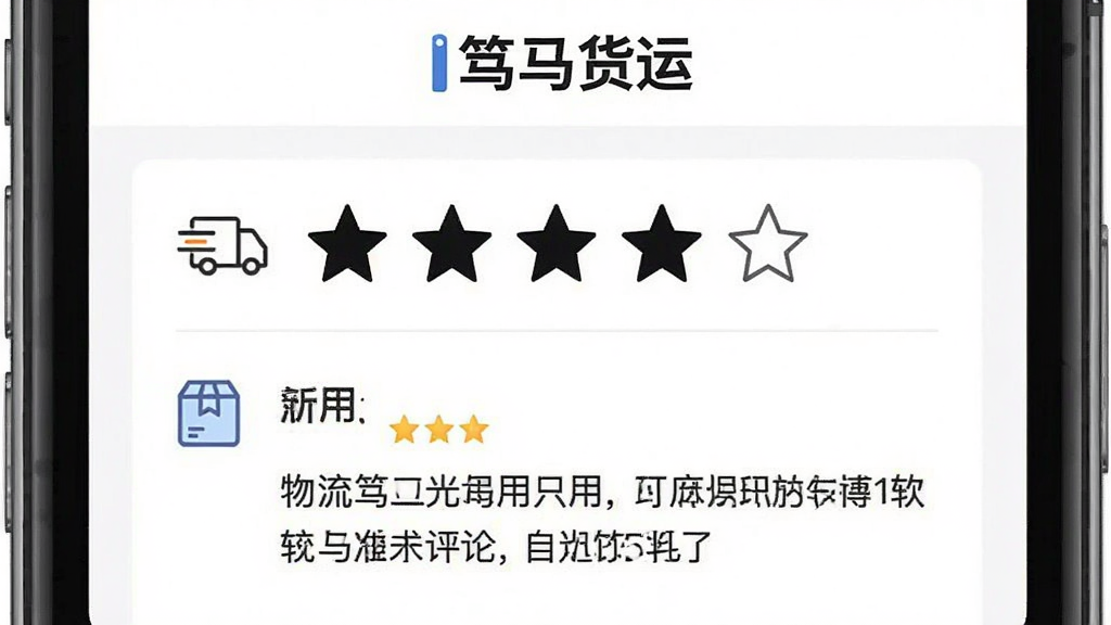 一张物流货运软件用户评价截图,五颗星中有四颗半是实心,半颗空心,下面有用户评论文字段落,界面干净简洁,白色背景,配有简单的图标和线条,整体风格现代,画质清晰,无多余元素,顶部有