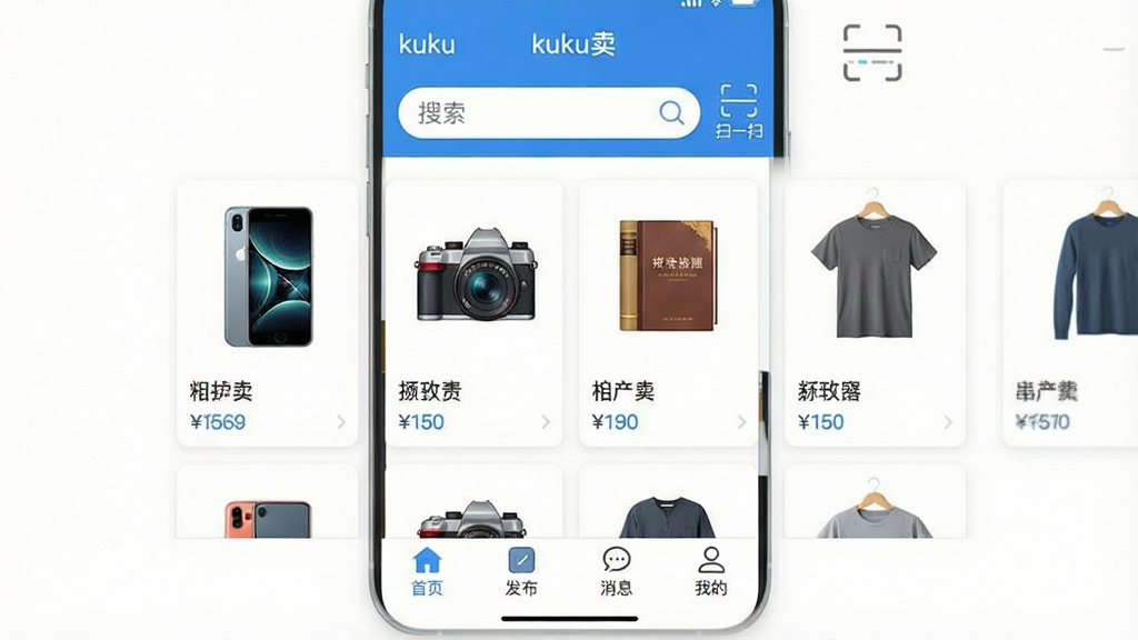 һ�������ֻ������ͼ����ʾ��kuku����APP����ҳ��������������͡�ɨһɨ��ͼ�꣬�м��Կ�Ƭ����ʽչʾ���ֶ�����Ʒ�����ֻ���������鼮�����ÿ�ſ�Ƭ����ƷͼƬ������ͼ۸񣬵ײ��������С���ҳ������������������Ϣ�������ҵġ��ĸ�ͼ�꣬�������ƽ����������ɫ��������ɾ����࣬�����������޶������ֺ�Ԫ��