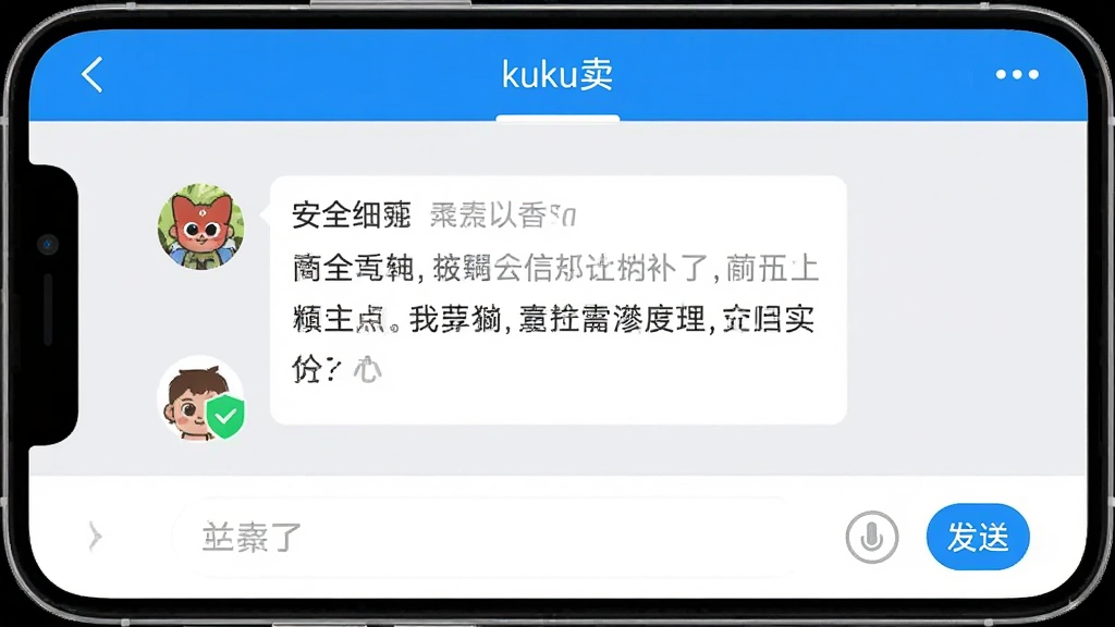 һ���ֻ���ͼ����ʾ��kuku����APP��������棬����˫�����ڹ�ͨ��Ʒϸ�ڣ�����ײ����ı���ͷ��Ͱ�ť���Է�ͷ�����С���ȫ��֤����ʶ����������࣬������ɫ�������������޶���Ԫ��