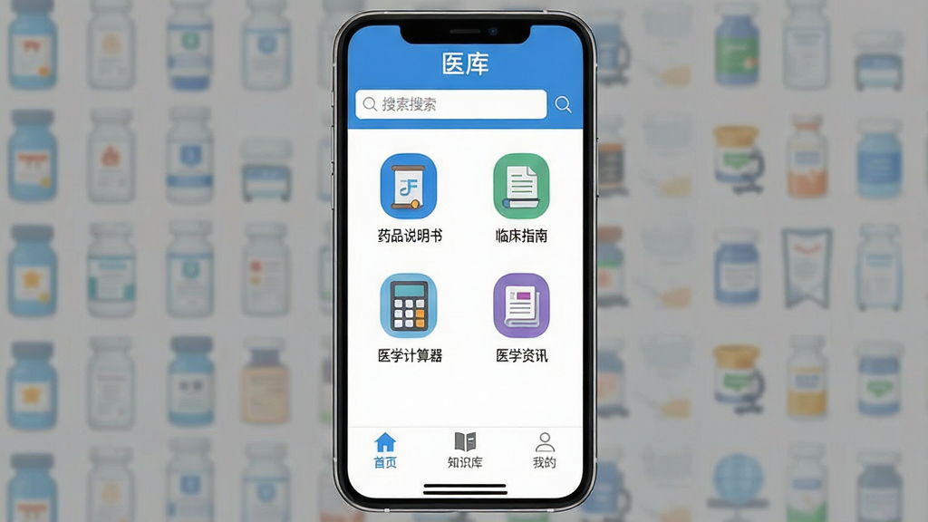 一张展示“医库”App核心功能的手机界面截图,主体为蓝白配色的应用首页,顶部显示搜索栏,中间排列“药品说明书”“临床指南”“医学计算器”“医学资讯”等图标,底部有“首页”“知识库”“我的”三个选项卡,整体布局简洁,扁平化设计风格,细节清晰,画质干净无多余元素。