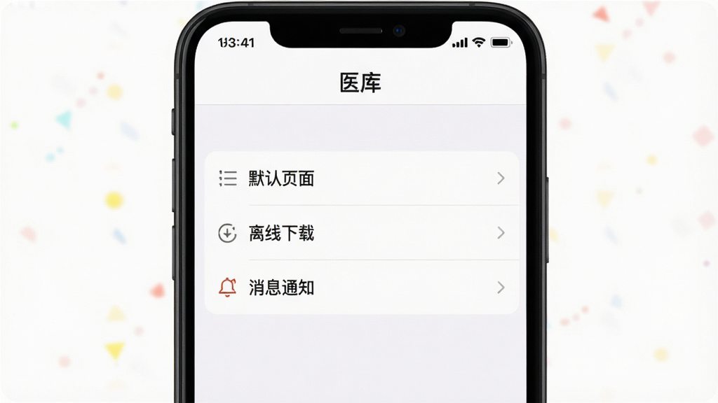 一张展示“医库”App设置界面的截图,主体为手机屏幕,显示“默认页面”“离线下载”“消息通知”等选项,背景为白色,排版清晰,风格简洁,细节真实,画质干净。