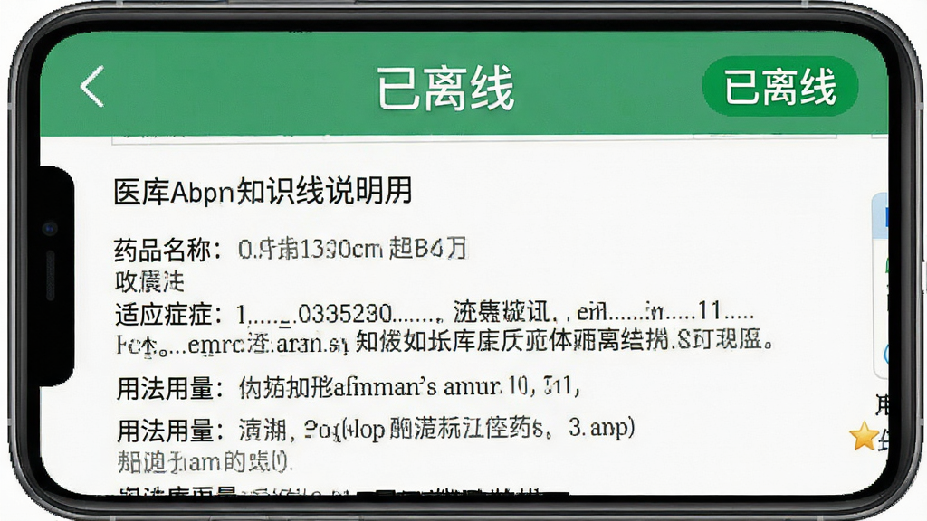 一张展示“医库”App离线知识库功能的截图,主体为药品说明书详情页,显示药品名称、适应症、用法用量等文字,页面顶部有“已离线”绿色标签,背景为白色,排版清晰,风格简洁,细节真实,画质干净。
