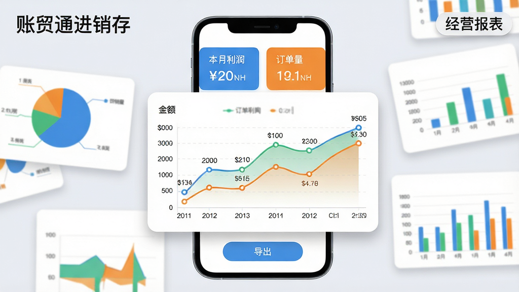 主体:账贸通进销存软件的经营报表界面,背景是手机屏幕,屏幕上显示一张彩色折线图,横轴是日期,纵轴是金额,图表上方有“本月利润”和“订单量”两个数据卡片;布局:手机屏幕居中,周围散落几张小的报表卡片,有饼图和柱状图;排版:画面左上角有“账贸通进销存”字样,右上角有“经营报表”标签,图表下方有“导出”按钮;风格:商务简约风格,背景为浅灰白色,图表用蓝、绿、橙三色区分;细节:坐标轴刻度清晰,数据点有标注数值,卡片有圆角阴影;画质:高清渲染,干净无多余元素。