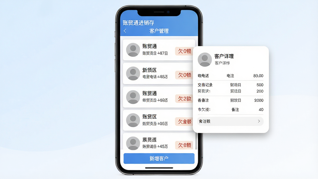 主体:账贸通进销存软件的客户管理功能界面,手机屏幕上显示一个客户列表,每个客户头像旁有名称、电话、欠款金额标签,底部有“新增客户”按钮;布局:手机居中,右侧悬浮一个客户详情卡片,上面显示交易记录和备注;排版:画面顶部有“账贸通进销存”和“客户管理”字样,列表项用卡片式排版;风格:扁平化商务风格,背景为淡蓝和白色渐变,头像使用灰色占位图;细节:列表可滚动,有分割线,详情卡片有圆角和阴影;画质:高清渲染,干净无多余元素。
