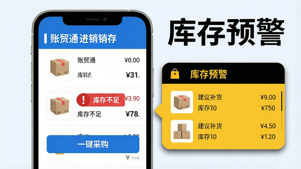 主体:账贸通进销存软件的库存预警功能界面,背景是手机屏幕,屏幕上显示商品列表,其中一款商品旁有红色感叹号和“库存不足”提示,下方有“一键采购”按钮;布局:手机居中偏左,右侧悬浮显示一个黄色的库存预警弹窗,弹窗内列出建议补货商品及数量;排版:画面顶部有软件名称“账贸通进销存”和“库存预警”字样,字体清晰,色彩醒目;风格:扁平化商务风格,主色调为蓝白,预警弹窗用黄黑配色突出;细节:商品图片、价格、库存数字清晰,弹窗有圆角和阴影;画质:高清渲染,干净无多余元素。