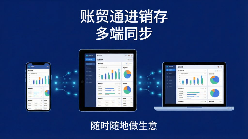 主体:账贸通进销存软件的多端同步功能概念图,画面左侧是一部手机,中间是一台平板电脑,右侧是一台笔记本电脑,三台设备屏幕上都显示相同的进销存数据看板;布局:三台设备呈品字形排列,中间用发光的连接线串联,形成同步网络;排版:画面顶部中央有“账贸通进销存”和“多端同步”字样,底部有“随时随地做生意”标语;风格:科技感扁平化插画风格,背景为深蓝色,设备屏幕用亮色显示数据图表;细节:设备边框圆润,连接线带有小光点,数据图表包含条形图和饼图;画质:高清渲染,干净无多余元素。