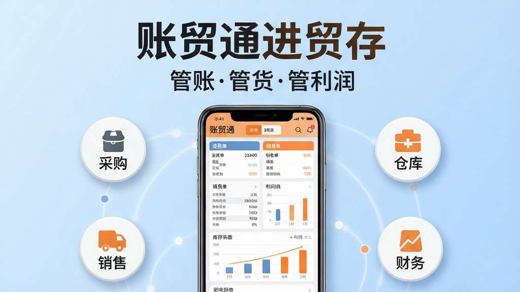主体:账贸通进销存软件主界面展示,居中显示一部手机,屏幕内是清晰的进销存管理界面,包含进货单、销售单、库存列表、利润图表等元素;布局:手机位于画面中央,周围环绕简洁的圆形图标,象征采购、销售、仓库和财务功能;排版:主标题“账贸通进销存”置于顶部,副标题“管账管货管利润”置于其下,整体文字醒目;风格:扁平化商务风格,背景为浅蓝色渐变,搭配白色和橙色点缀;细节:界面数据清晰可读,图标线条流畅,有微小的投影和圆角;画质:高清渲染,干净无多余元素。