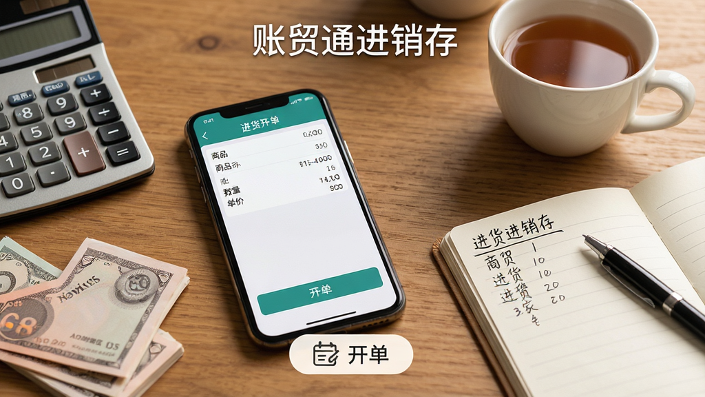 主体:账贸通进销存软件的使用场景实拍图,画面中央有一部手机放在木质桌面上,屏幕上显示进货开单界面,旁边有一个计算器和一沓现金;布局:手机居中偏左,右侧放着一杯茶和一本笔记本,笔放在本子上;排版:画面顶部有一行小字“账贸通进销存”,底部有“开单”按钮图标;风格:写实摄影风格,暖色调,体现小商户日常经营氛围;细节:手机屏幕清晰显示商品名称、数量、单价,计算器上有数字按键,笔记本上写着进货清单;画质:高清摄影,干净无多余元素。