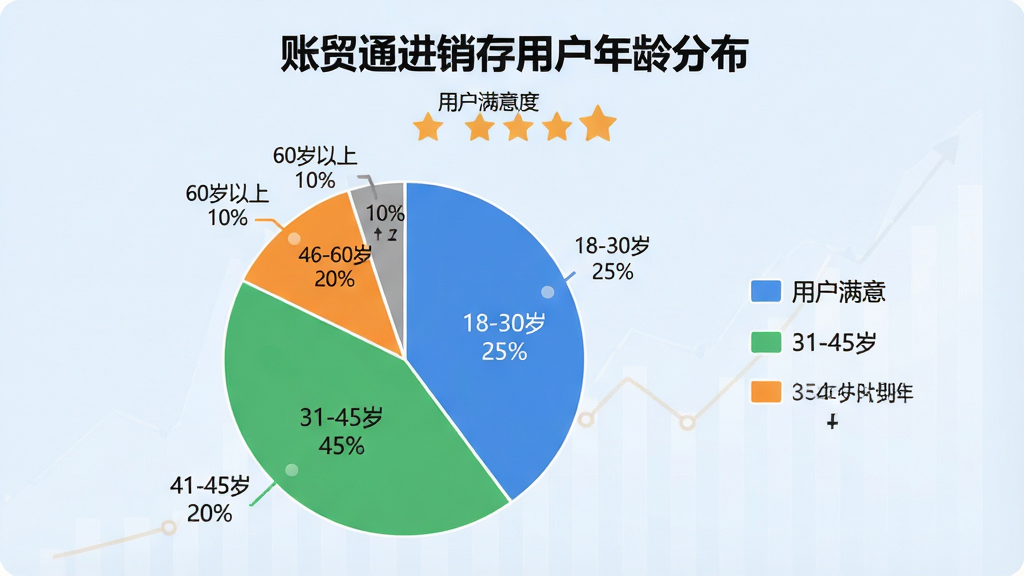 主体:用户评价数据分布图,画面中央是一个大饼状图,分为四块:18-30岁占25%,31-45岁占45%,46-60岁占20%,60岁以上占10%;布局:饼图居中,右侧有图例说明,顶部有标题“账贸通进销存用户年龄分布”;排版:标题下方有“用户满意度”五星图标,饼图旁有百分比标注;风格:简洁商务图表风格,背景为浅蓝色,颜色块分别为蓝、绿、橙、灰;细节:每个扇形区域有清晰的分割线,图例文字可读,总体干净整洁;画质:高清渲染,无多余元素。