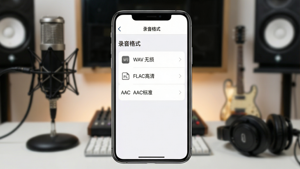 չʾ¼��������App�ĸ�ʽѡ����棬�ֻ���Ļ����ʾ��¼����ʽ������ҳ���б����С�WAV���𡱡�FLAC���塱��AAC��׼����ѡ�����Ϊ���ֹ����ҳ������黯��������˷�Ͷ����������԰�ɫΪ�ף�����������ͼ���࣬������רҵ��࣬���ʸɾ����޶���Ԫ�أ�����Ϊ�ֻ���Ļ�����־��У��Ű�������ϸ����ʵ�����дʵ�����ʸ��壬�޶���Ԫ��