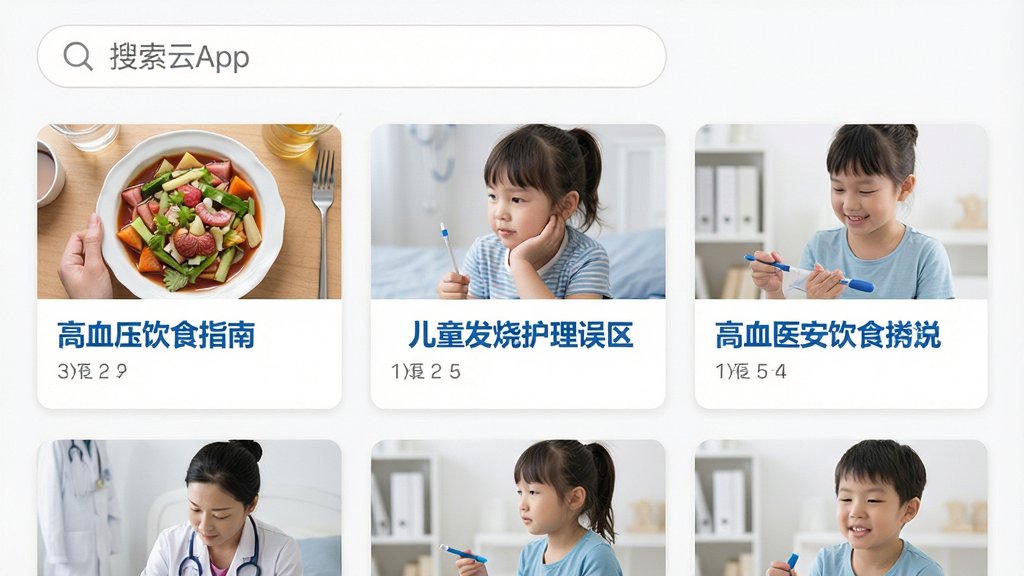 ҽ����App��ҽѧ���������б�����Ļ����Ϊ�������·������Ŷ�ƪ���¿�Ƭ��ÿ�ſ�Ƭ���б�����ͼ�����硰��Ѫѹ��ʳָ�ϡ�������ͯ���ջ����������ȣ����Ϊ��ƽ����ƣ��԰�ɫΪ�ף���ɫ�������֣���ͼ�����������Ű����룬���ʸɾ���