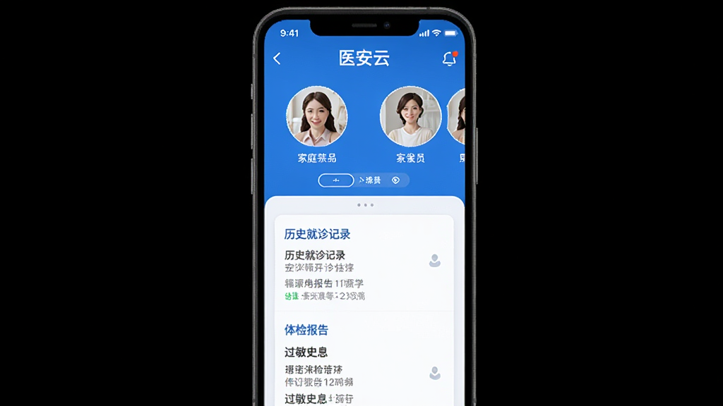 ҽ����App�Ľ��������������棬��Ļ����ʾ�����ͥ��Ա��ͷ������������һλ��Ա���·�չʾ����ʷ�����¼����챨��͹���ʷ����Ϣ����Ϣ�Կ�Ƭ��ʽ���У����������ɫ�Ͱ�ɫ��ɫ�������ֱ�ۣ�ϸ�����������ʸɾ���