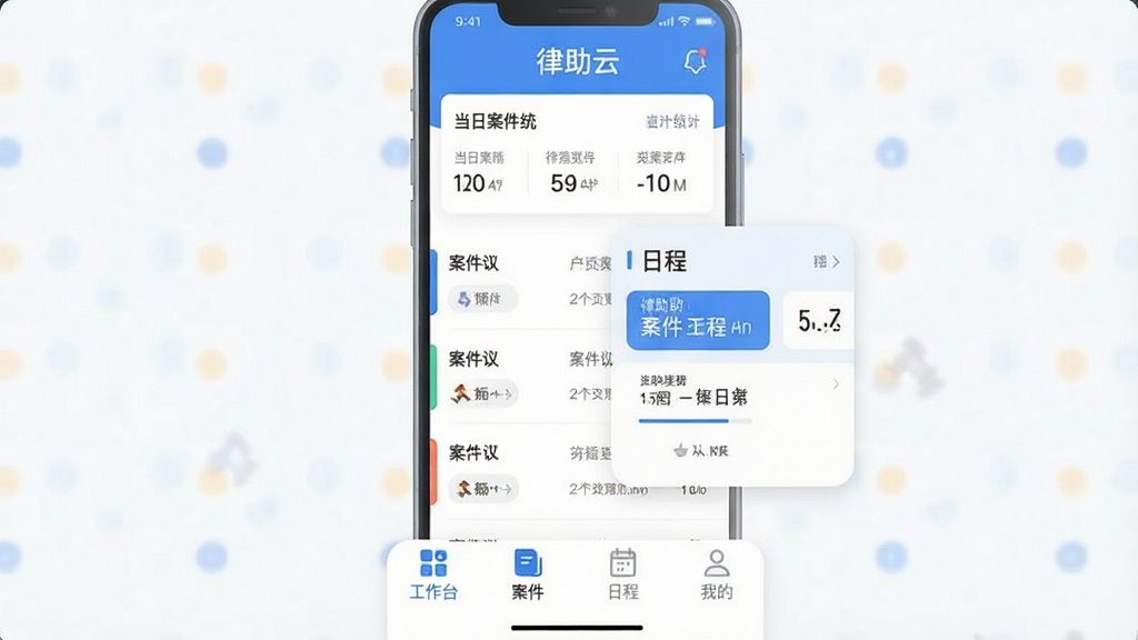 一张手机屏幕展示律助云主界面的高清截图,界面采用蓝白配色,顶部显示“律助云”字样和当日案件统计,中部是案件列表和日程卡片,底部有“工作台”“案件”“日程”“我的”四个选项卡,整体风格简洁现代,扁平化设计,细节圆润,画质干净无多余元素。