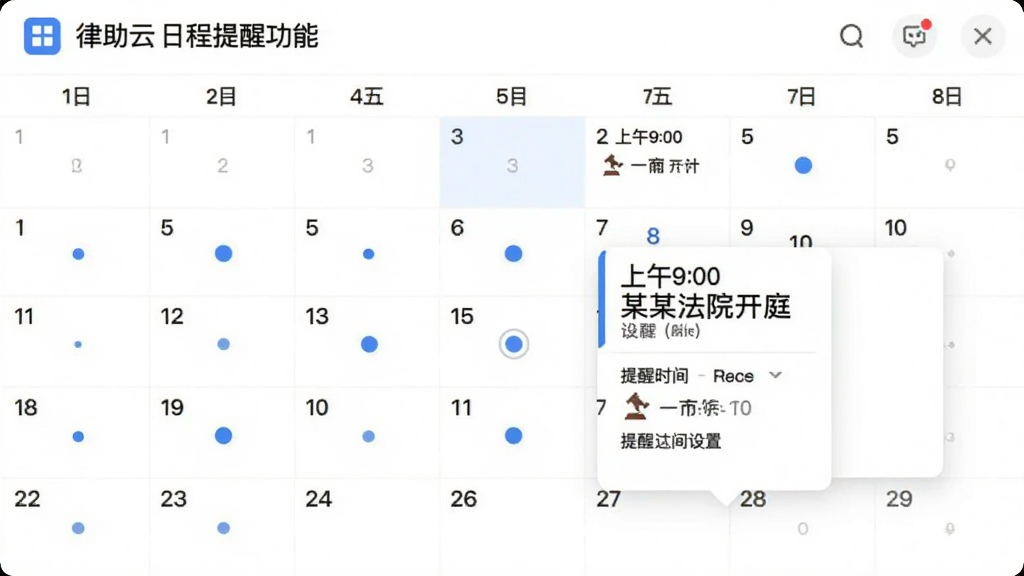 律助云日程提醒功能截图,日历视图以月模式展示,某几个日期有蓝色圆点标记,点击某一天弹出日程详情,显示“上午9:00 某某法院开庭”和提醒时间设置,界面简洁,蓝白配色,扁平化设计,画质清晰。