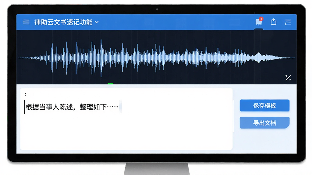 律助云文书速记功能截图,屏幕上半部分是语音波形图,下方是文字识别结果区域,显示“根据当事人陈述,整理如下…”内容,右侧有“保存模板”“导出文档”按钮,界面干净,蓝白配色,突出语音转文字功能,画质清晰。