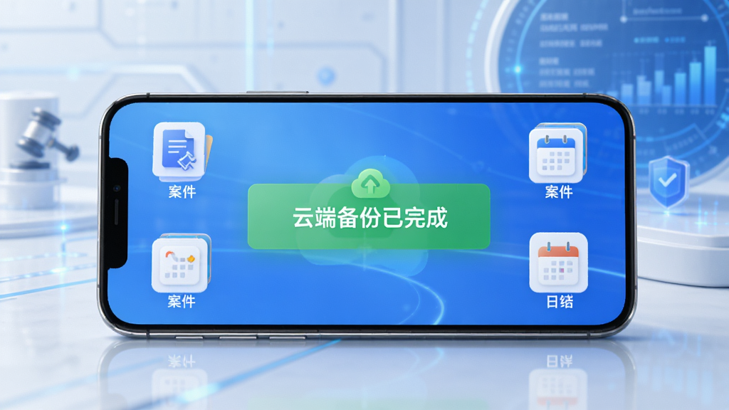 手机横屏展示律助云数据同步功能,屏幕显示“云端备份已完成”的绿色提示,周围有案件和日程的图标,背景是蓝白科技感,干净明亮,突出数据安全可靠。