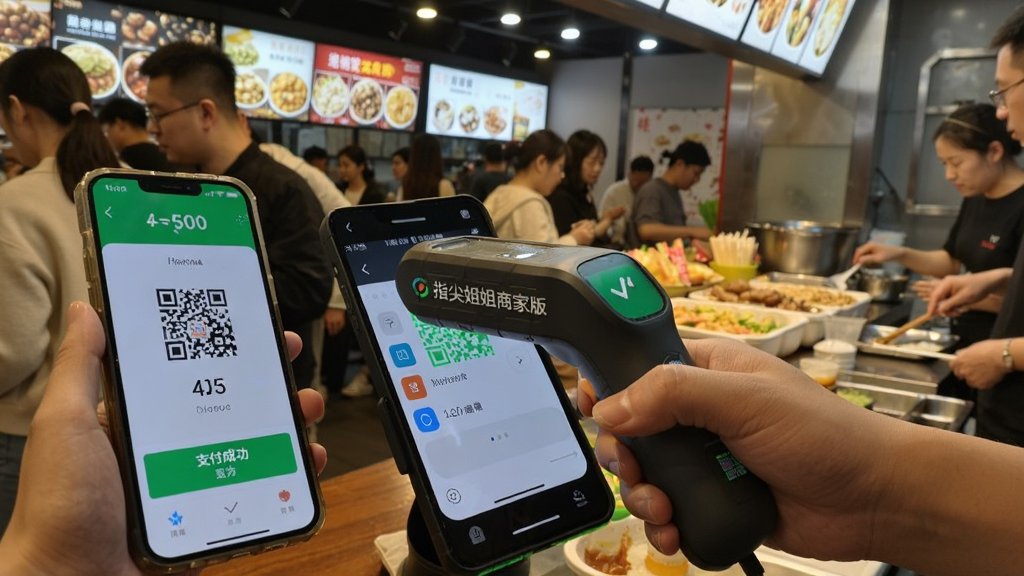 一张商家使用“指尖姐姐商家版”扫码枪扫描顾客手机二维码的实拍图,背景是热闹的小吃店,收款界面显示金额和支付成功提示,画面生动,突出快速收款场景,风格写实,画质清晰,无多余元素。