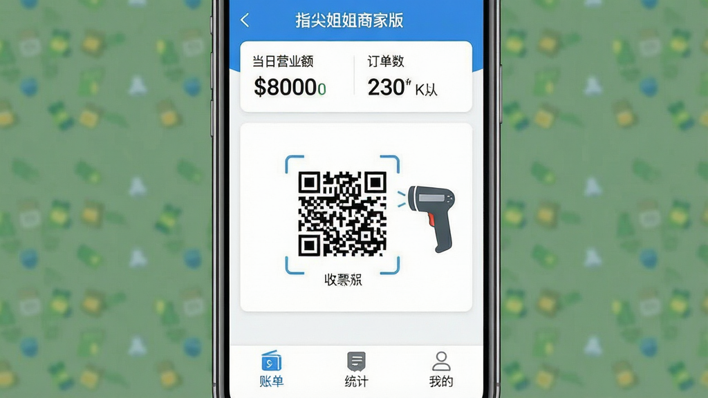 一张手机应用界面截图,展示“指尖姐姐商家版”的主界面,顶部显示当日营业额和订单数,中间为收款二维码和扫码枪图标,底部有账单、统计、我的三个选项卡,整体风格简洁现代,蓝白配色,扁平化设计,界面干净无多余元素,画质清晰,文字标签明确,突出商家收银管理工具的实用性。