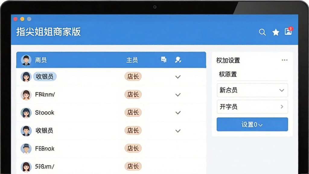 一张“指尖姐姐商家版”店员管理页面截图,显示店员列表和权限设置选项,有“收银员”、“店长”等角色标签,支持添加新店员,界面整洁,蓝白配色,扁平化风格,画质干净。