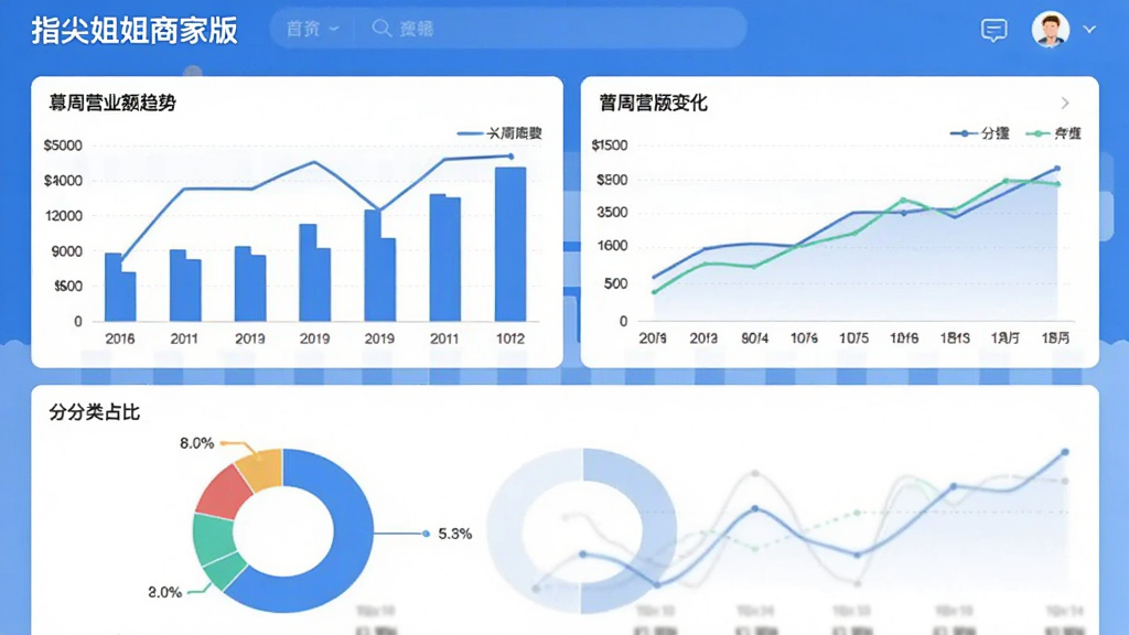 一张“指尖姐姐商家版”的账单统计页面截图,展示柱状图和折线图,显示一周营业额变化趋势,下方有分类占比圆环图,界面清晰,数据可视化,蓝白配色,扁平风格,画质干净无多余装饰。