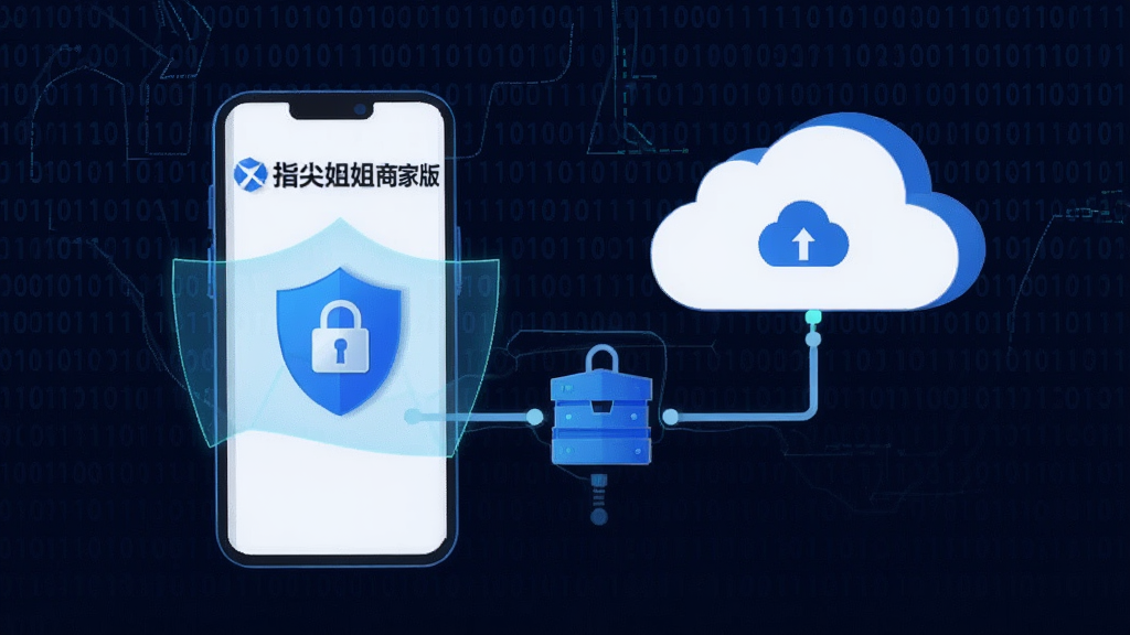 一张“指尖姐姐商家版”数据安全备份示意图,显示手机与云端服务器同步,有盾牌图标保护,背景为二进制代码,风格科技感强,蓝白配色,扁平化设计,画质清晰,突出安全可靠。