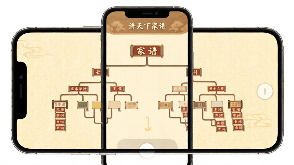 主画面展示“谱天下家谱”APP界面,手机屏幕中央是一个古色古香的家谱世系树形图,布局清晰,上下滑动流畅,背景是淡黄色宣纸纹理,风格扁平化设计,细节圆润,画质干净无多余元素。