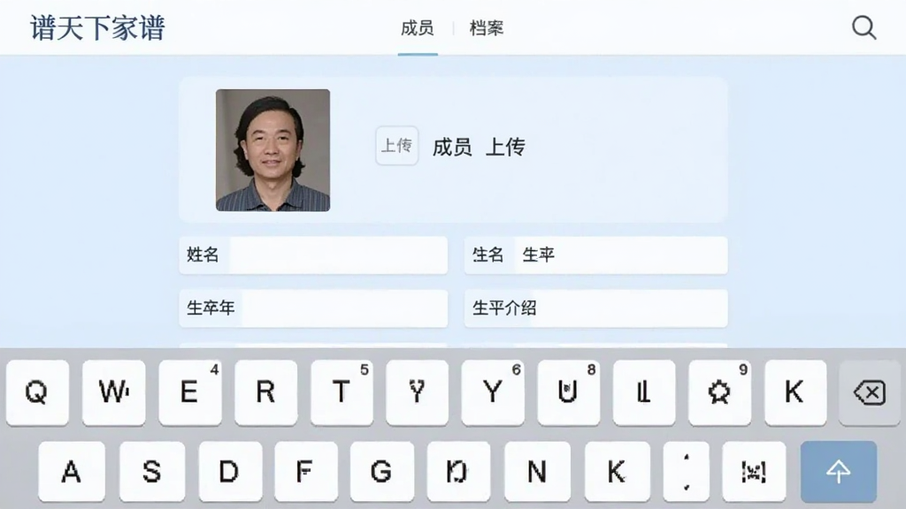 展示“谱天下家谱”的成员档案编辑界面,页面包含成员头像上传区域,下方是姓名、生卒年、生平介绍等表单字段,键盘弹出,界面排版整齐,风格简洁现代,淡蓝色调,画质干净。