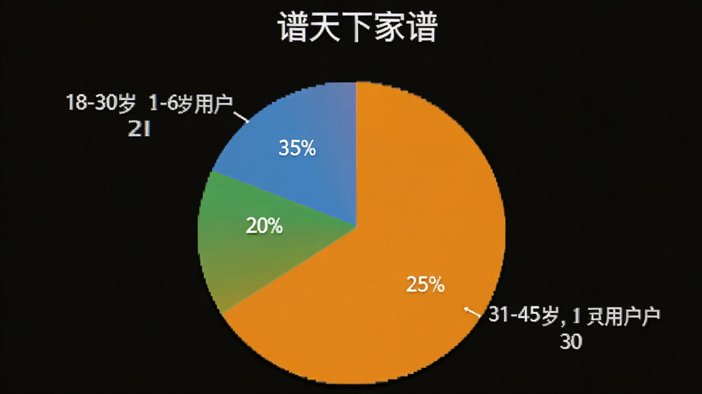展示“谱天下家谱”用户满意度调查饼状图,图中显示18-30岁用户占20%,31-45岁用户占45%,46-60岁用户占35%,色彩清晰明亮,背景简洁,画质干净。