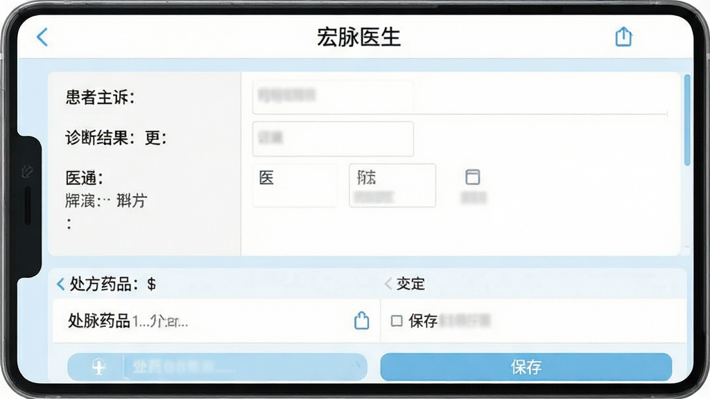 ����ҽ��APP�ĵ��Ӳ����༭���棬��Ļ�Ϸ��С�����ҽ�������������м��ǲ����ı��༭���򣬰����������ߡ���Ͻ����ҽ�����ֶΣ��·��Ǵ���ҩƷ�б��ͱ��水ť���������������ܷ�����ȷ�����Ϊ��ƽ��UI��ƽ��棬�԰�ɫ��ǳ��ɫΪ��ɫ�������ʸɾ��޶���Ԫ�أ�ϸ��չʾ���������ɶ���