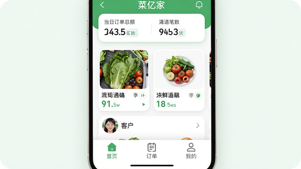 ����������������չʾ������Ϊ�����ڼҡ��ֻ�APP����Ļ������Ϊ���½ṹ��������ʾ���ն����ܶ�ͱ������м�Ϊ��Ʒ�б��Ϳͻ�ͷ�񣬵ײ�����ҳ���������ҵ�����ѡ�����ִ���ƽ������ɫ�Ͱ�ɫΪ��ɫ����ϸ��Բ�󣬻��ʸɾ��޶���Ԫ��