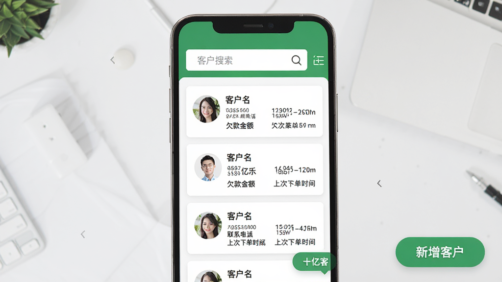 �����ڼҡ��ͻ�����ҳ�棬����Ϊ�ֻ����棬������ʾ�ͻ��������·�Ϊ��Ƭʽ�ͻ��б���ÿ����Ƭ�����ͻ����ơ���ϵ�绰��Ƿ������ϴ��µ�ʱ�䣬���½��С������ͻ���������ť�������ˬ������ɫ�Ͱ�ɫΪ�����������룬���ʸɾ�