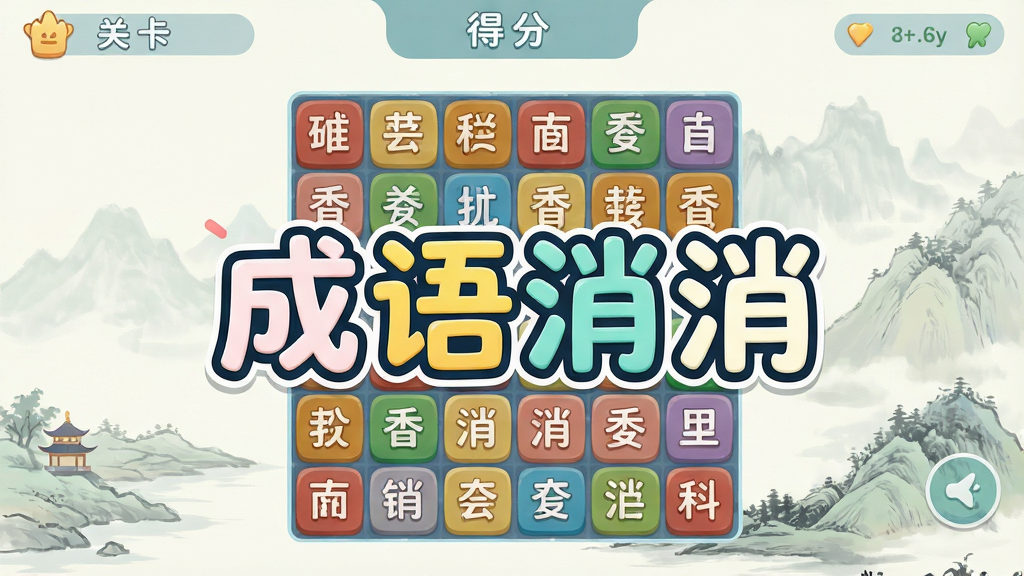 ���Ӿ�ͼչʾ����������Ϸ���棬�м��Ƿ�������������̣���ɫ���ַ���������£������ǵ��ŵ�ˮīɽˮ�������涥����ʾ�ؿ��͵÷֣������������������ִ���ƽ����ƣ�ϸ��Բ�󣬻��ʸɾ��޶���Ԫ�أ�ͼƬ��������Ϸ���ơ������������ĸ����֣����������Ŀ��