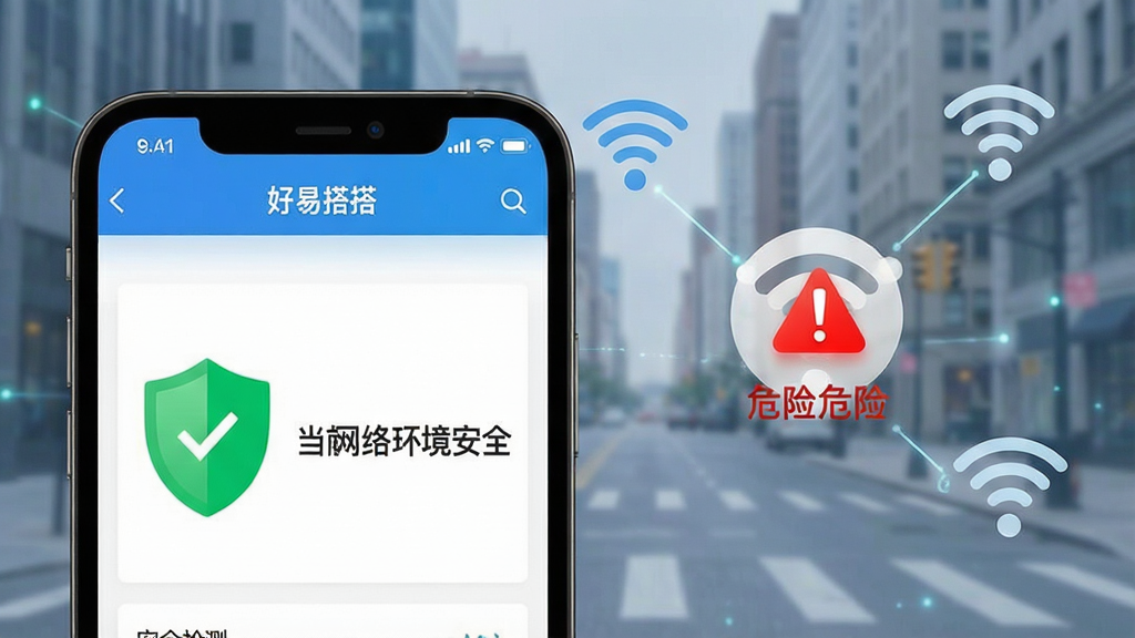 һ�����簲ȫ����ͼ��ǰ���ǡ����״APP�ġ���ȫ��⡱���ҳ���ͼ��ҳ������һ��������ɫ����ͼ�꣬�Ա���ʾ����ǰ���绷����ȫ�������������ǰ�͸���ĳ��нֵ������м���WiFi�ȵ�ͼ�꣬����һ�����к�ɫ��̾�ű����ΪΣ�գ������������ˣ�ɫ�ʶԱ����������ʸɾ����޶���Ԫ�ء�