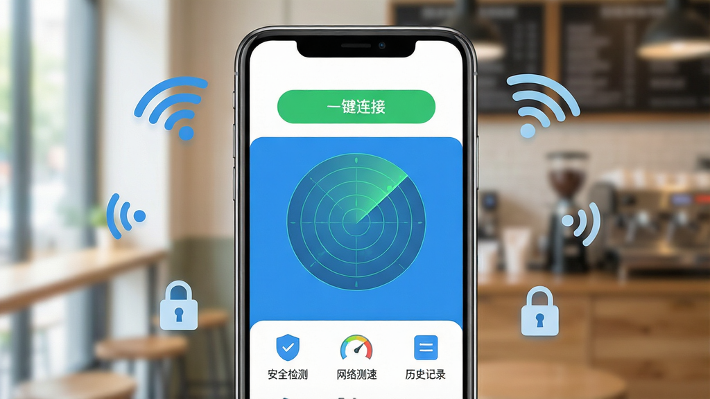 һ�������ֻ���Ļ����д����Ļ����ʾ�����״APP�������棬���������µ�����ɫ��Ϊ���������С�һ�����ӡ�����ɫ��ť���м���WiFi�ź��״�ɨ�趯�����ײ�������������ע����ȫ��⡱��������١�����ʷ��¼����ͼ�꣬�ֻ���ΧƯ���ż���WiFi�ź�ͼ�����ͷͼ�꣬������ģ���Ŀ��ȹݻ��������������ɾ�������ִ���ƽ�����ʸ��壬�޶���Ԫ�ء�