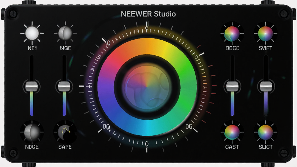 ������NEEWER Studio�Ĺ�Ч����������ͼ��������Բ��ɫ��Ϊ���ģ����ܻ������ȡ�ɫ�»����Լ�����Ԥ���Чͼ�ꣻ�Ű����������Ϊ��ɫ�����µ��ŲʿƼ��磬ϸ����չʾ������ɫ�ʺ͹���Ч�������ʸ���ɾ����޶���Ԫ��