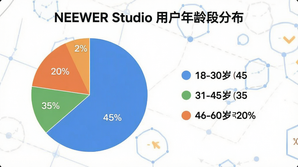 һ���û�����ͼ���������Ǳ�״ͼ�������ǡ�NEEWER Studio �û�����ηֲ���������Ϊ����ͼ�Ҳ�ͼ�����Ű��࣬���Ϊ���ݿ��ӻ����ϸ����ʾ18-30��ռ45%��31-45��ռ35%��46-60��ռ20%�����ʸɾ����޶���Ԫ��