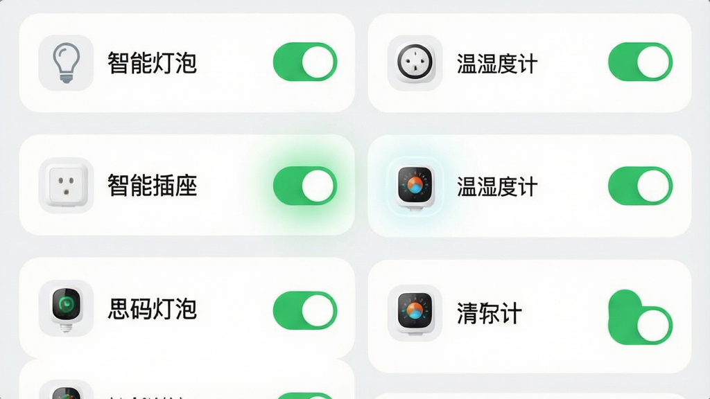 һ��˼���App���豸�б������ͼ����Ļ�����������Ŷ���豸��Ƭ��ÿ�ſ�Ƭ��ʾ�豸ͼ������ƣ��硰���ܵ��ݡ��������ܲ�����������ʪ�ȼơ�����Ƭ�Ҳ�����ɫ���ذ�ť������һ�ſ�Ƭ���ڿ���״̬��ɢ��΢�⣬����������ǳɫ��������ƬԲ����ƣ��������룬������ִ������ʸɾ��޶���Ԫ�ء�