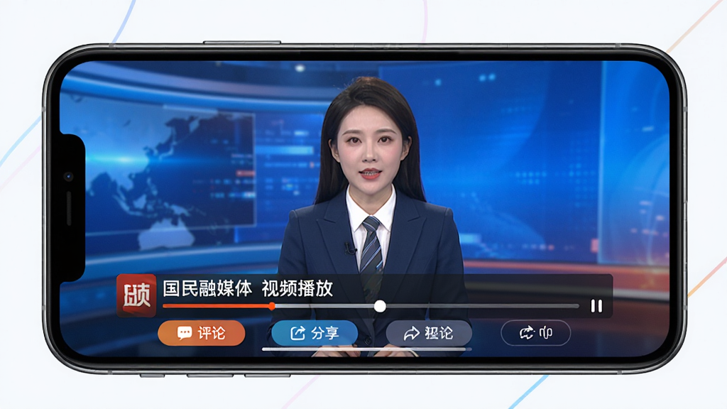 ����չʾͼ��չʾ������ý��App����Ƶ���Ž��棬�ֻ���������һ��������Ƶ��������������������������Ƶ�·��б������ͽ�����������ײ��С����ۡ������������Ȱ�ť�����廭�ʸ��壬ɫ�����ޣ����ֺ������޶���Ԫ�ء�