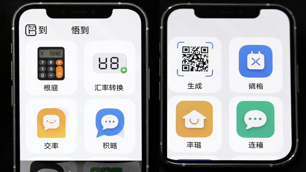 չʾ���򵽡�App�Ĺ��ܾۺϽ��棬�ֻ���Ļ�����������Ŷ��ʵ�ù��ߵĿ�Ƭͼ�꣬����������������ת������ά�����ɵȣ�ÿ����Ƭ�·������ı�ǩ������Ϊ�ɾ��İ�ɫ�����������ִ�������������ͻ�����򵽡�App��Ʒ�����ƣ��޶���Ԫ�ء�