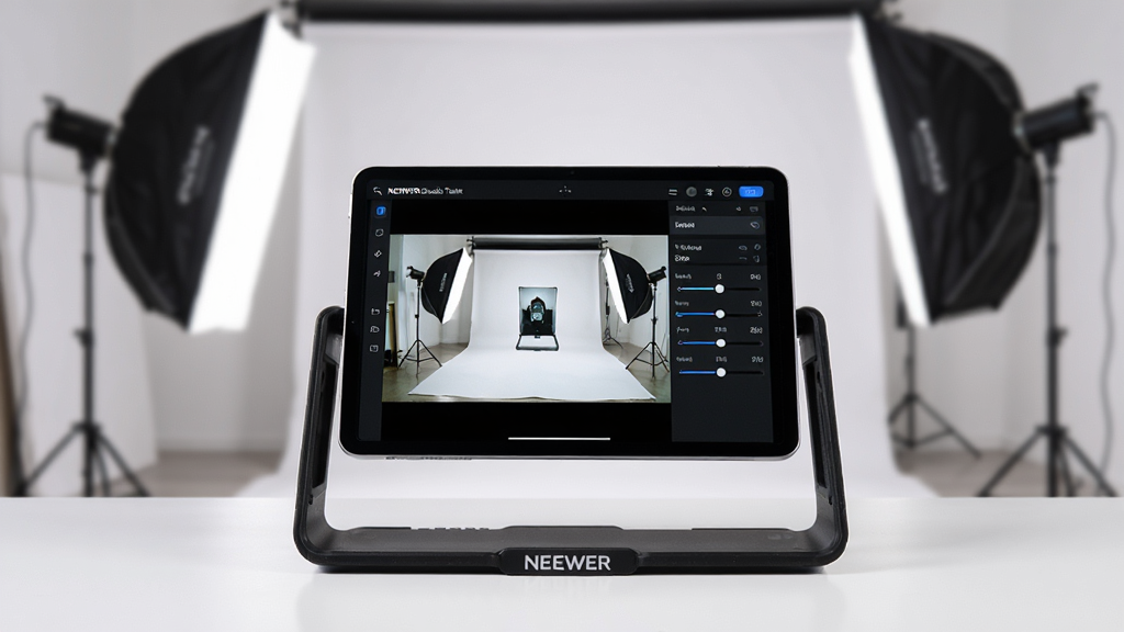 һ���ִ���Լ������Ӱ����̨��̨���ϰڷ���NEEWERƷ��ƽ��֧�ܣ�ƽ����Ļ����ʾNEEWER Studio Tablet�������棬��������չʾʵʱȡ������Ͳ���������壬��������͵���Ӱ��ƹ⣬����ɫ���ɾ�����������ϸ�壬��ͼƽ�⣬ͻ��������רҵ����
