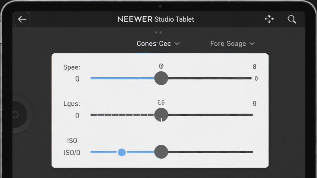 һ��������������������д����Ļ����ʾNEEWER Studio Tablet�����������壬���������ٶȡ���Ȧֵ��ISO�й�ȵȵ��ڻ��飬���沼�����������ֱ�ǩ��ȷ������ƽ�ִ������������ɫ��ͻ����������ֱ��������