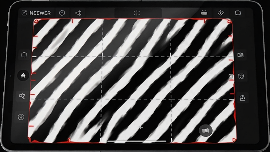 ƽ����Ժ�����ʾNEEWER Studio Tablet���棬��Ļ���а����Ƹ��ǵĸ߹�����ʾ���Լ���ֵ�Խ��ĺ�ɫ�����������Ա߻������ַ���ͼ�����ߣ��������ɾ�������ָʾ���ԣ�������������רҵ��Ӱʦ�ĸ�������