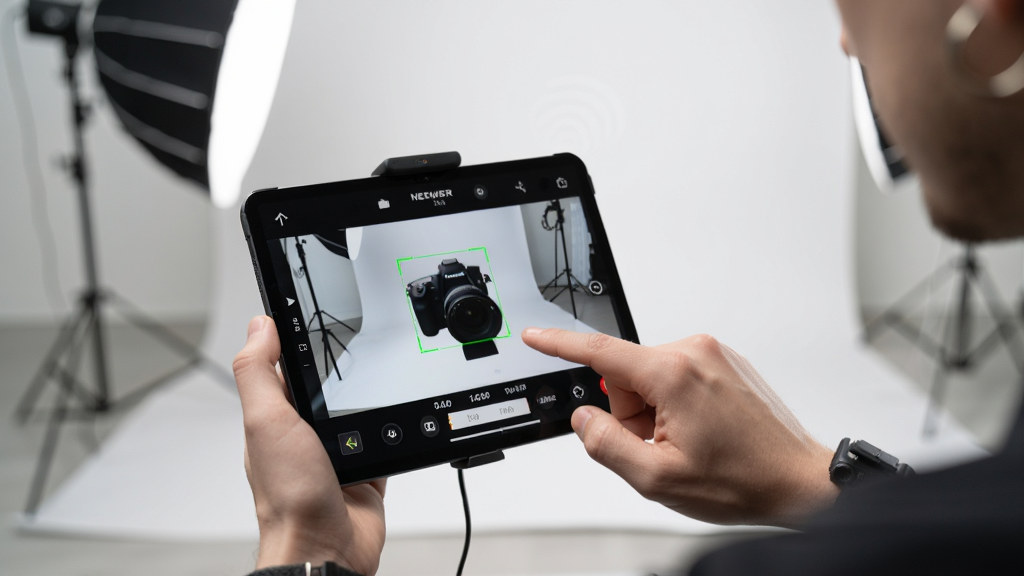 һ����Ӱʦ����ʹ��ƽ�����ͨ��NEEWER Studio Tablet�������������ƽ����Ļ����ʾ������ʵʱȡ�����棬�������жԽ���Ͳ�����ֵ����Ӱʦ��ָ�ᴥ��Ļ���жԽ������������Ǽ��Ĺ����һ�������Ӱ��ͣ����ʸɾ���ͻ�����߿��Ƶı����