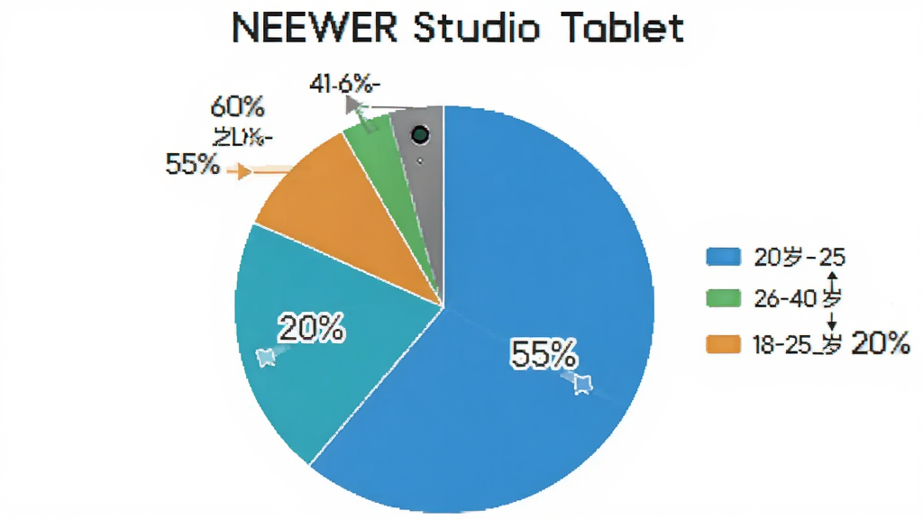 һ����״ͼ��չʾNEEWER Studio Tablet�û�����ֲ���18-25��ռ20%��26-40��ռ55%��41-60��ռ20%��60������ռ5%�����Լ���ͼ���Ͱٷֱȱ�ǩ������Ϊ��ɫ�����ʸɾ�����
