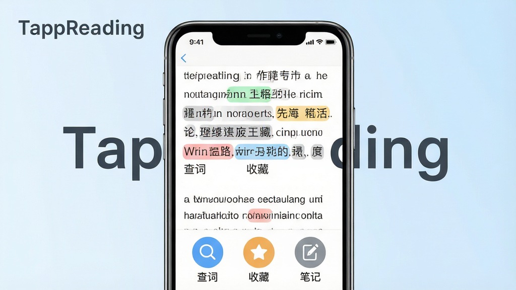 һ��չʾTappReading�������Ĺ��ܵ�����ͼ�������������ֻ���Ļ����Ļ����ʾһƪӢ�����£������е������·��в�ɫ������ע����������С��ǩ����Ļ�ײ��С���ʡ������ղء������ʼǡ�����Բ��ͼ�꣬�����ǵ���ɫ���䣬�����������£�ͻ����TappReading�����������ʸɾ����޶���Ԫ�ء�