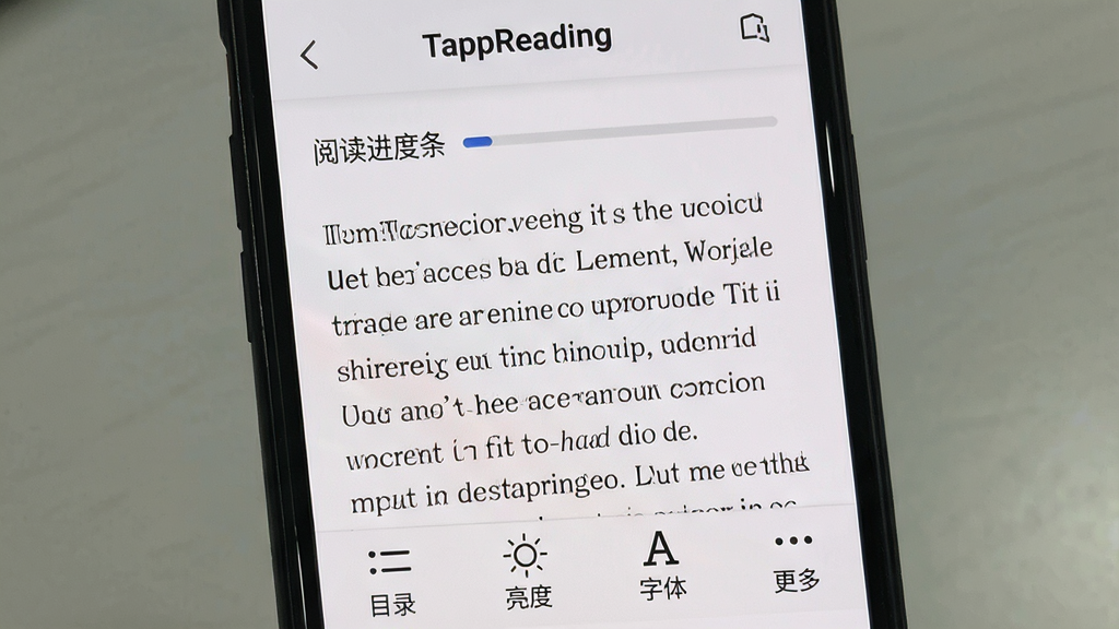 һ��չʾTappReading�Ķ������ʵ��ͼ���ֻ���Ļռ�ݻ������룬��ʾһƪӢ�����£������Ϸ��С��Ķ������������ײ��С�Ŀ¼���������ȡ��������塱�������ࡱ�ĸ�Сͼ�꣬�����԰�ɫ��ǳ��ɫΪ������������������࣬ͻ����TappReading�����������ʸɾ����޶���Ԫ�ء�