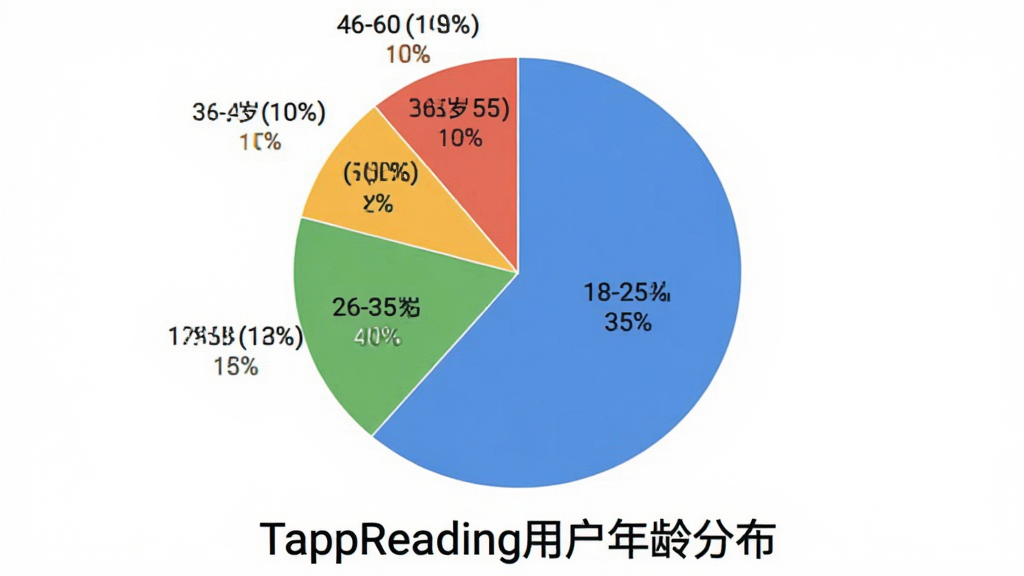 һ�ű�״ͼ��չʾTappReading�û�����ֲ���18-25��ռ35%��26-35��ռ40%��36-45��ռ15%��46-60��ռ10%��ͼ��ÿ�������ò�ͬ��ɫ���֣������ж�Ӧ������ǩ������Ϊ��ɫ��ͼ���·��С�TappReading�û�����ֲ������⣬���ʸɾ����޶���Ԫ�ء�